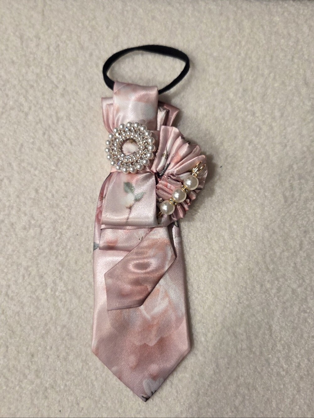 Elegant Pink Satin Floral Neck Tie with Pearl Brooch